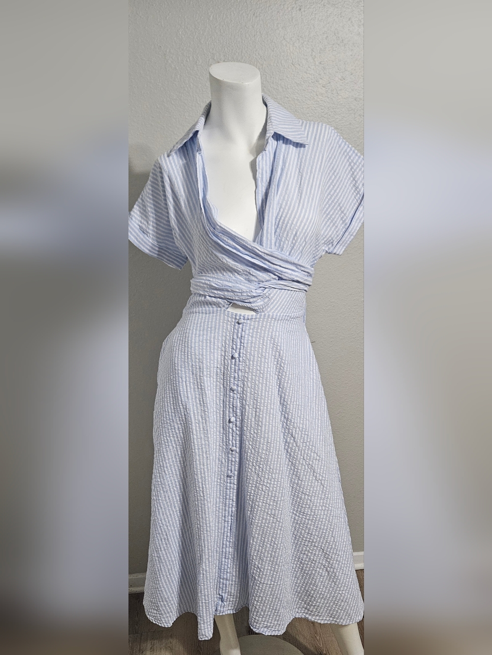 Lulus Women's Adorable Impression White And Blue Midi Dress With Pockets M - Picture 10 of 10